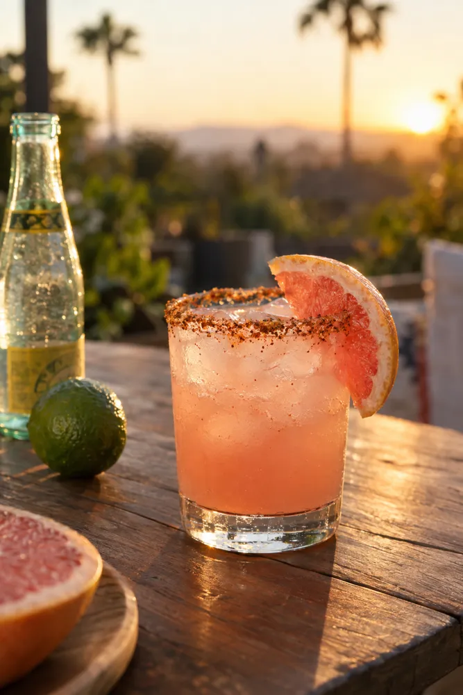 Fuego de Medianoche, a grapefruit and passion fruit paloma with a Tajín rim